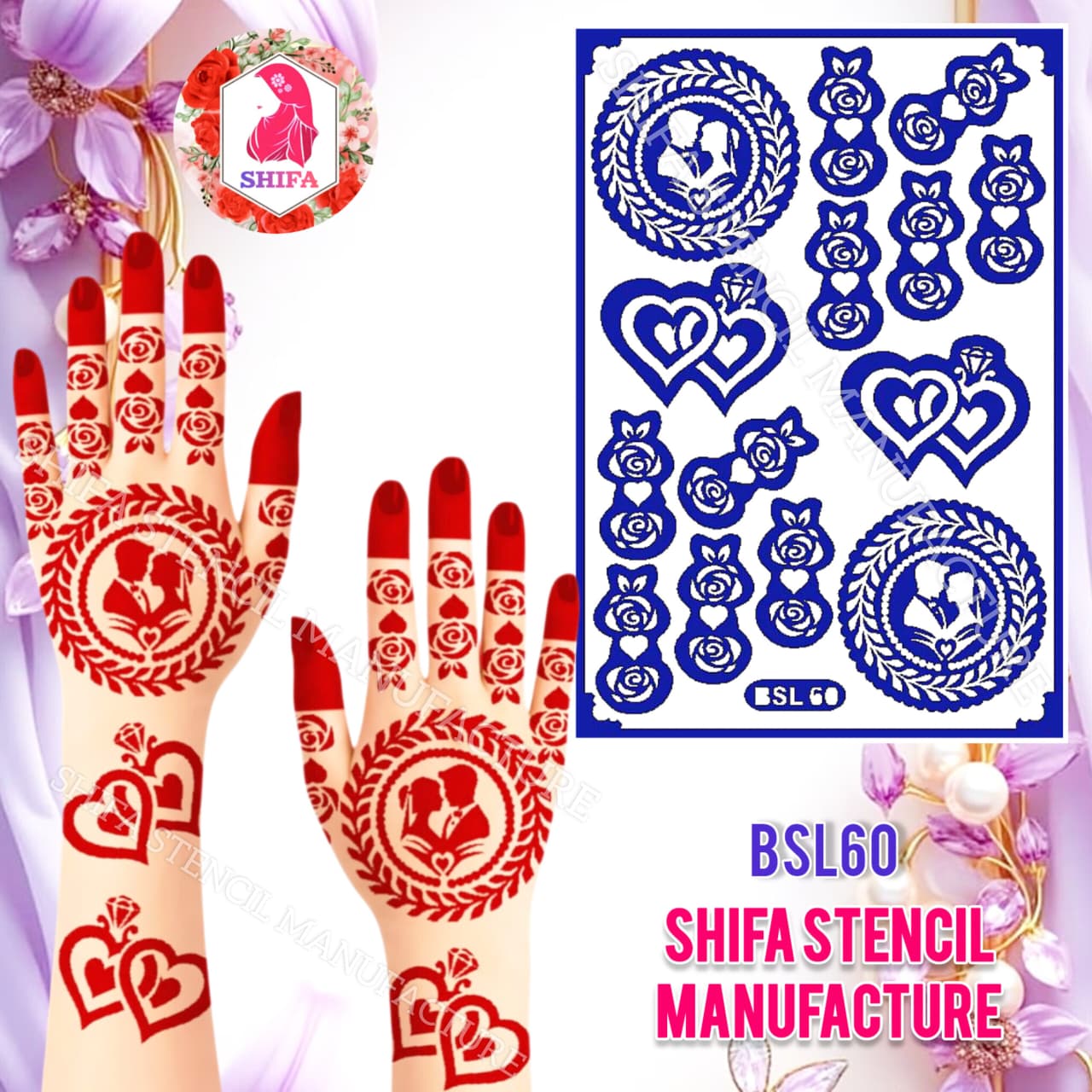 BSL 60 Bride & Groom Themed Engagement Design Sticker Overview Henna Stencil - Shifa Stencil